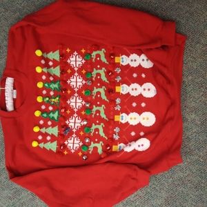 Like New Festive Red Christmas Sweater/Sweatshirt with Snowmen, Reindeer, Trees